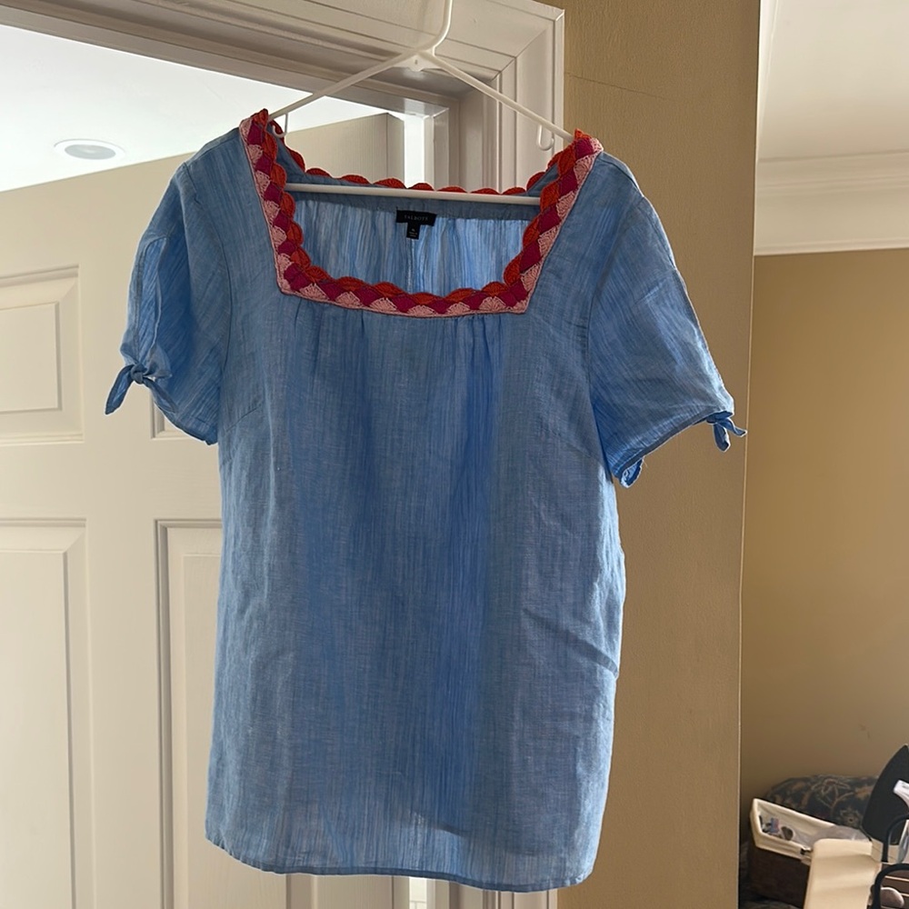Talbots Blue and Pink Puff Sleeve Smocked Blouse
